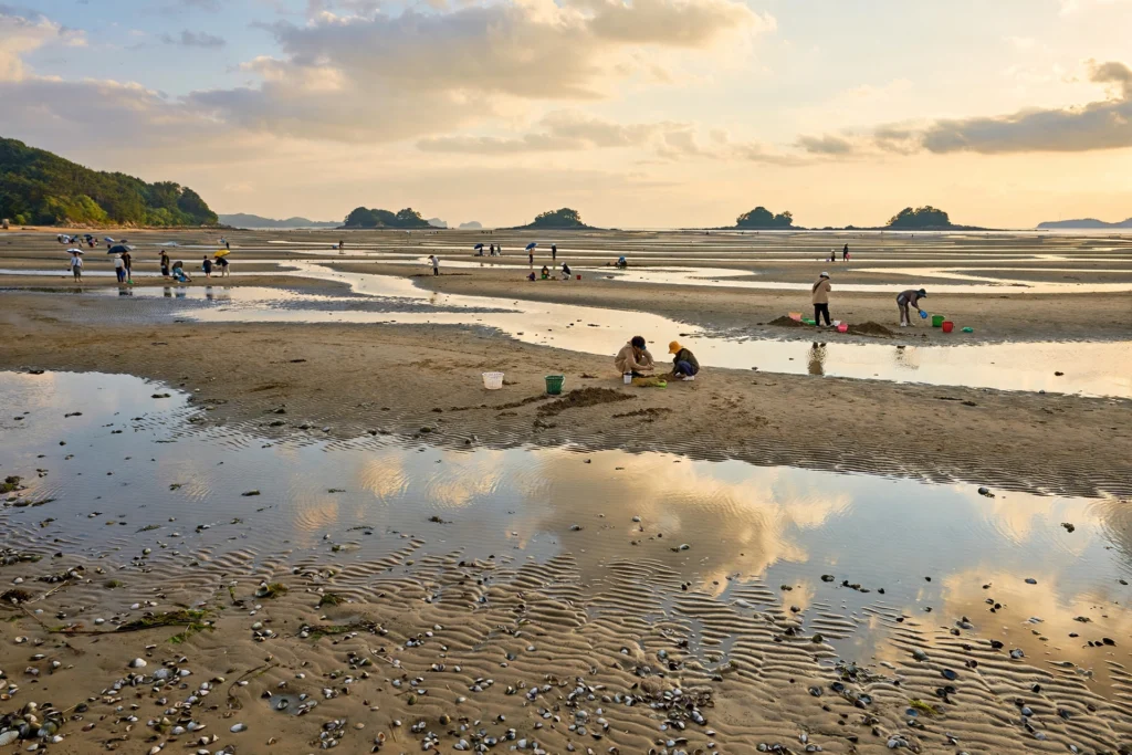 Eurwangni Beach at sunset with golden tidal flats near Seoul, South Korea