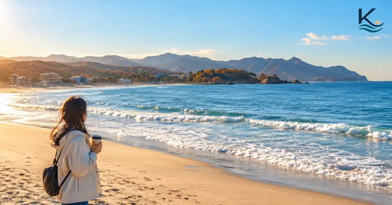 A quiet SSouth Korea Off-Season Beach Travel in autumn, with empty sand, a calm sea and folded parasols in the off-season