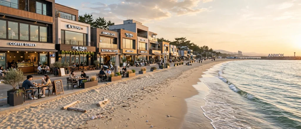 Anmok Beach and its famous Coffee Street cafés in Gangneung, South Korea
