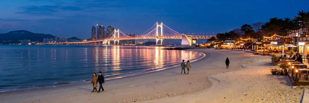 Gwangalli Beach in Busan with the Gwangandaegyo Bridge lit up at dusk, South Korea