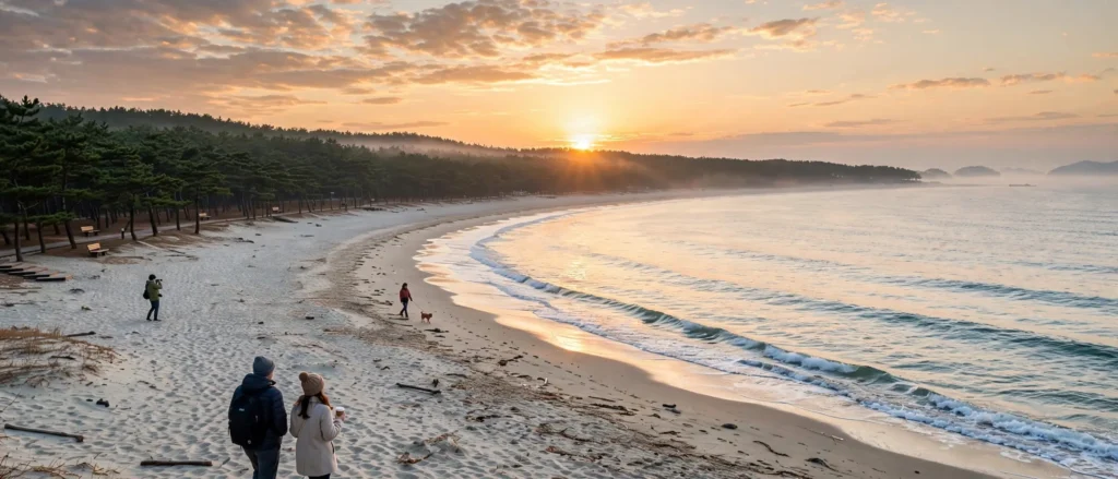 East Coast Beaches Gyeongpo Beach at sunrise in Gangneung with its long sandy shore and pine forest
