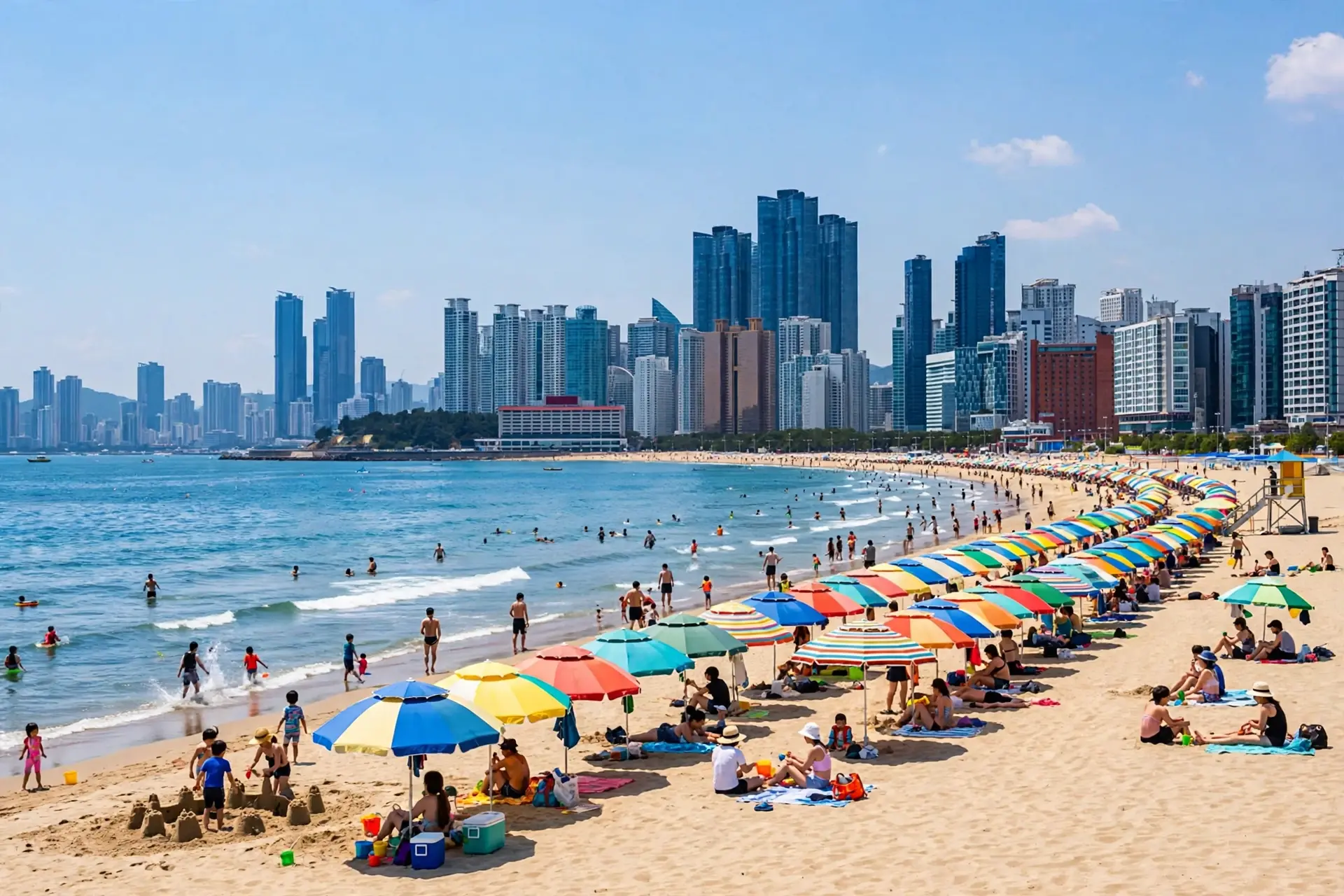 Haeundae Beach in Busan, a wide curve of sand backed by city skyscrapers