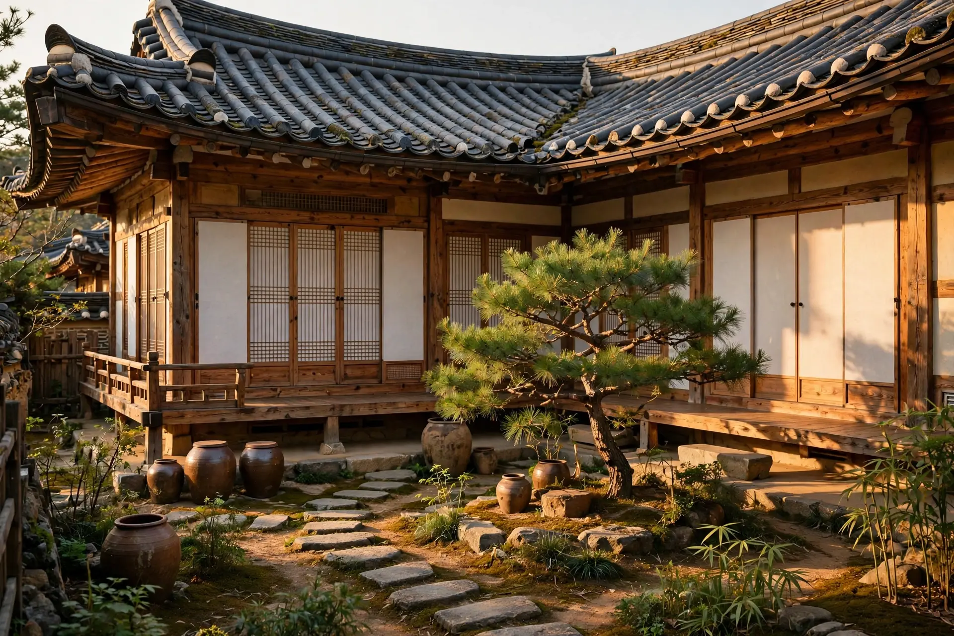 Courtyard of a traditional Korean hanok guesthouse with a curved tile roof and wooden veranda