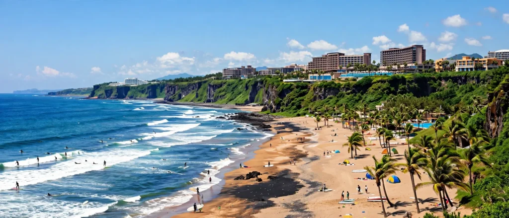 Jungmun Saekdal Beach with waves and green resort cliffs on Jeju Island's south coast, South Korea