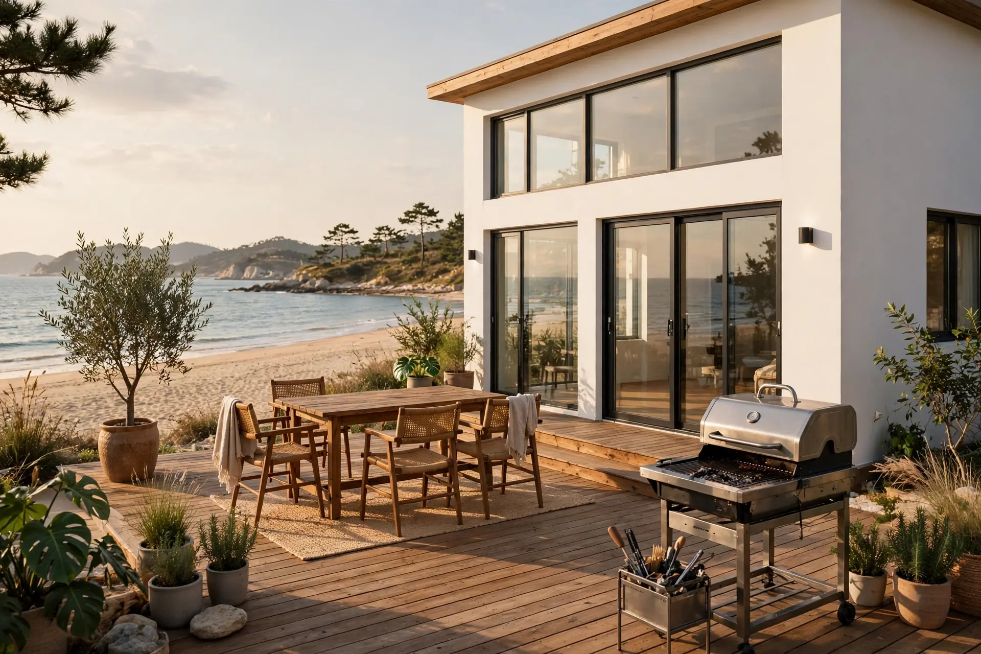 Terrace of a Korean beach pension guesthouse with a barbecue deck and the sea behind it