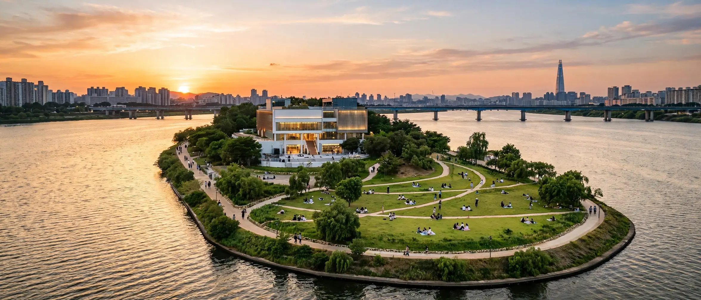 Nodeul Island in the Han River at sunset, Seoul, South Korea