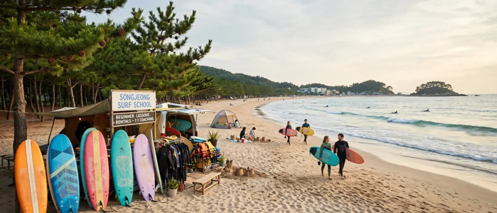Surfers with boards at Songjeong Beach, Busan's surf beach