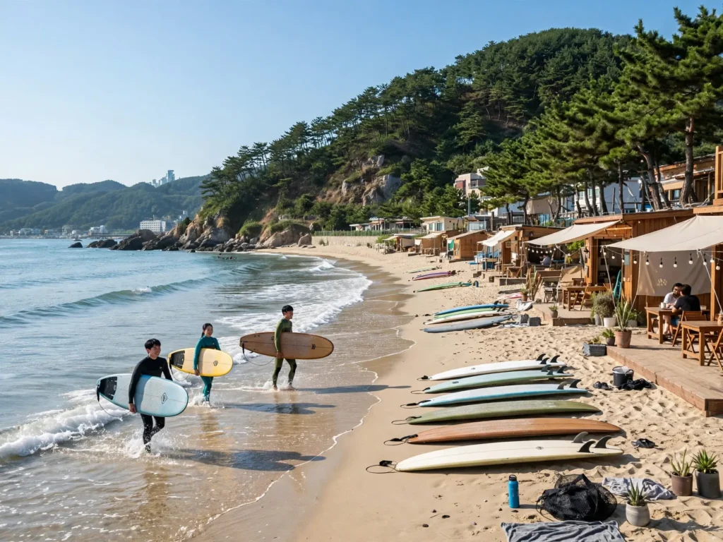 Beginner surfers with surfboards at Songjeong Beach in Busan, South Korea